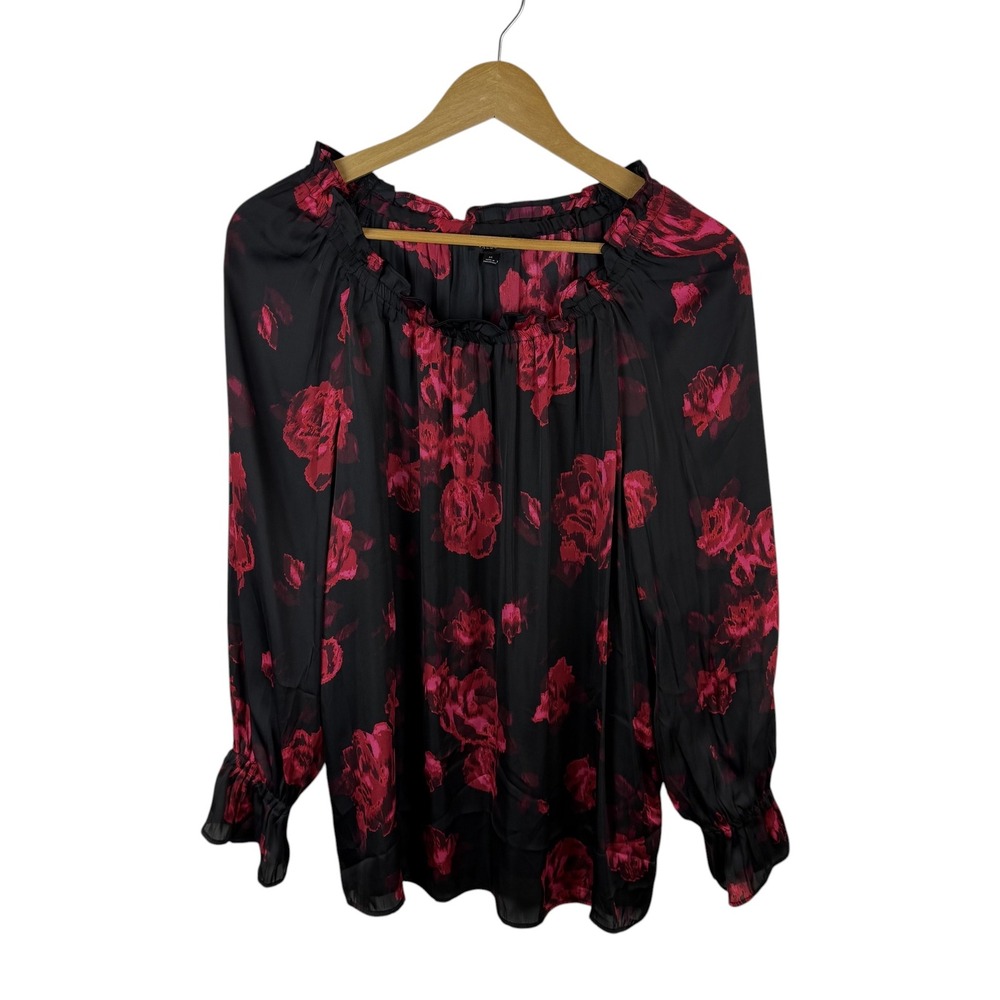 Talbots Rose Floral Satin Smocked Neck Ruffle Cuff Blouse Medium Lightweight